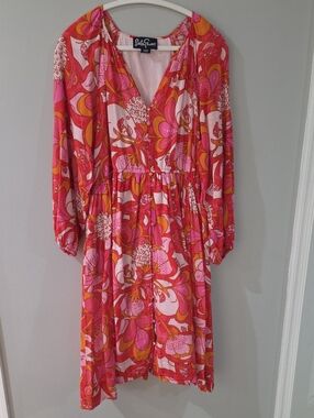 Lesley Evers Pink & Orange Floral Long-Sleeve V-Neck Dress